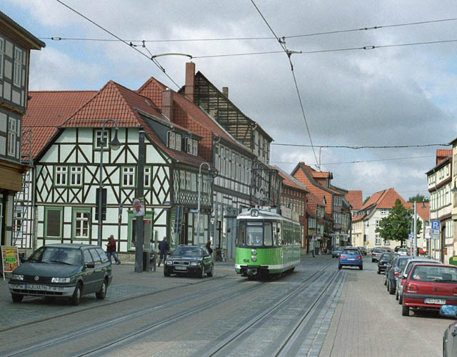 tram in the old town of Halberstadt